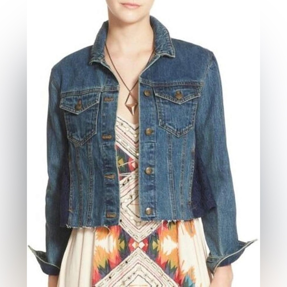 Free People Denim Lace Inset Raw Hem Jean Jacket Size Large